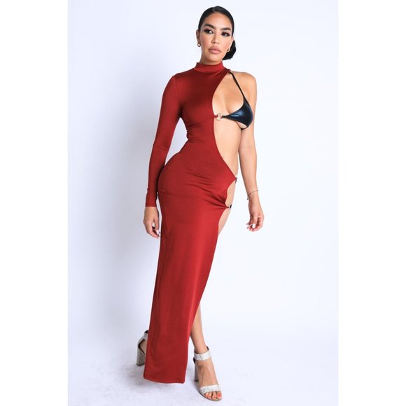 Women's Sexy Strap Detailed Asymmetric Maxi Dress Party Dance Club Wet Look - Picture 4 of 11